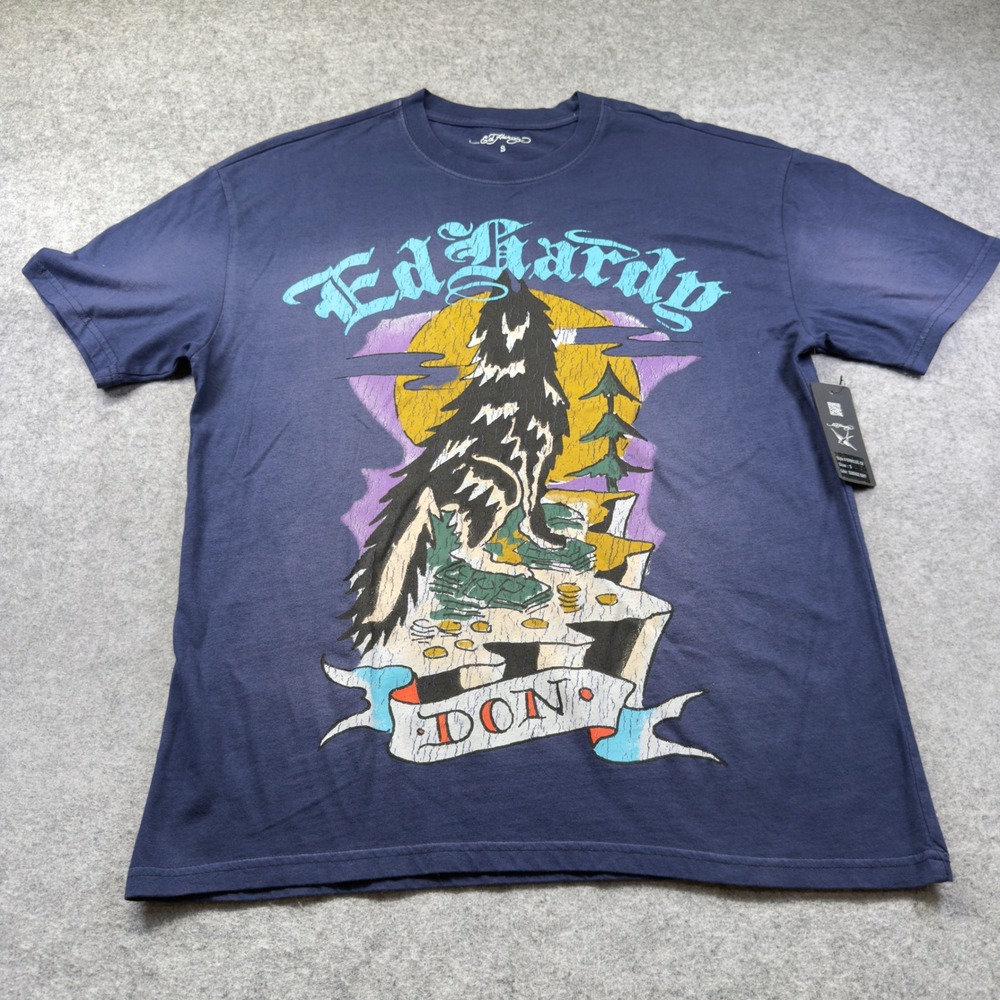Ed Hardy Don Wolf Boxy T Shirt Men's S Blue NWT Y2K Tattoo Graphic Streetwear